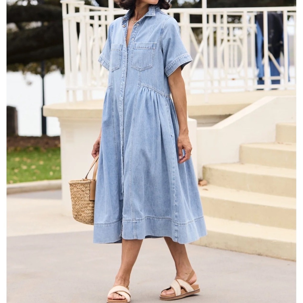 Maye Denim Midi Dress Light Wash Short Sleeve Button Front Cotton Blue Size M bb